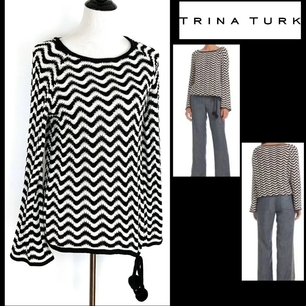 Trina Turk Black & White Chevron Pattern Knit Cotton Sweater Sz M - Picture 2 of 16